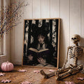 Dark academia wall art with candle books and black lace dress
