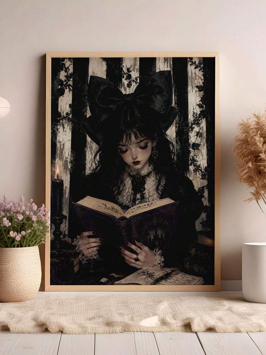 Gothic reading girl poster with black bow and old book