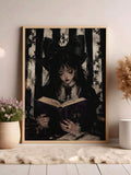 Gothic reading girl poster with black bow and old book
