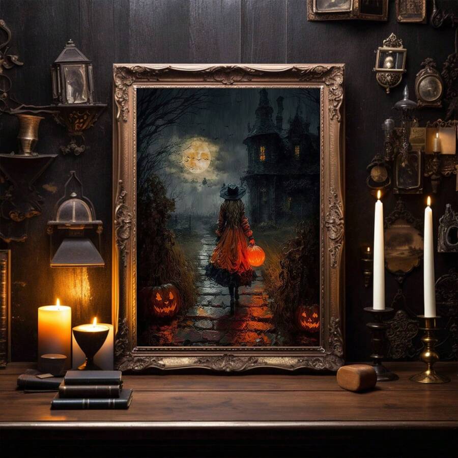 Witch print with jack o lantern, moon, bats, and haunted house