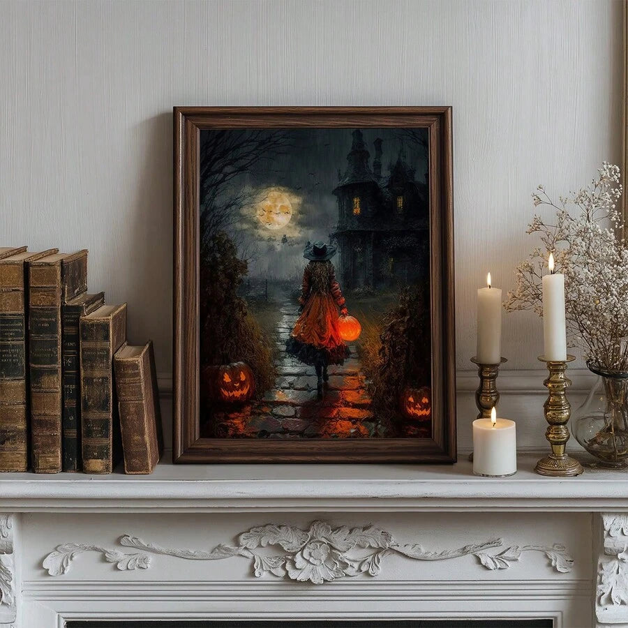 Haunted house art with glowing pumpkin and witch girl
