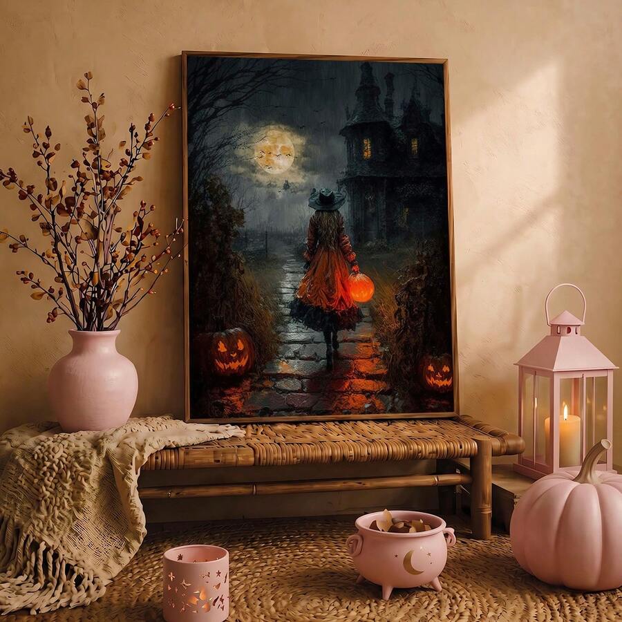 Spooky wall art shown in black frame on seasonal mantel