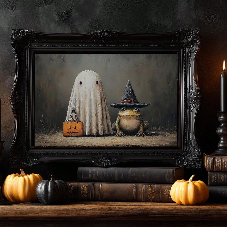 Vintage Halloween print with ghost, frog, and trick-or-treat charm
