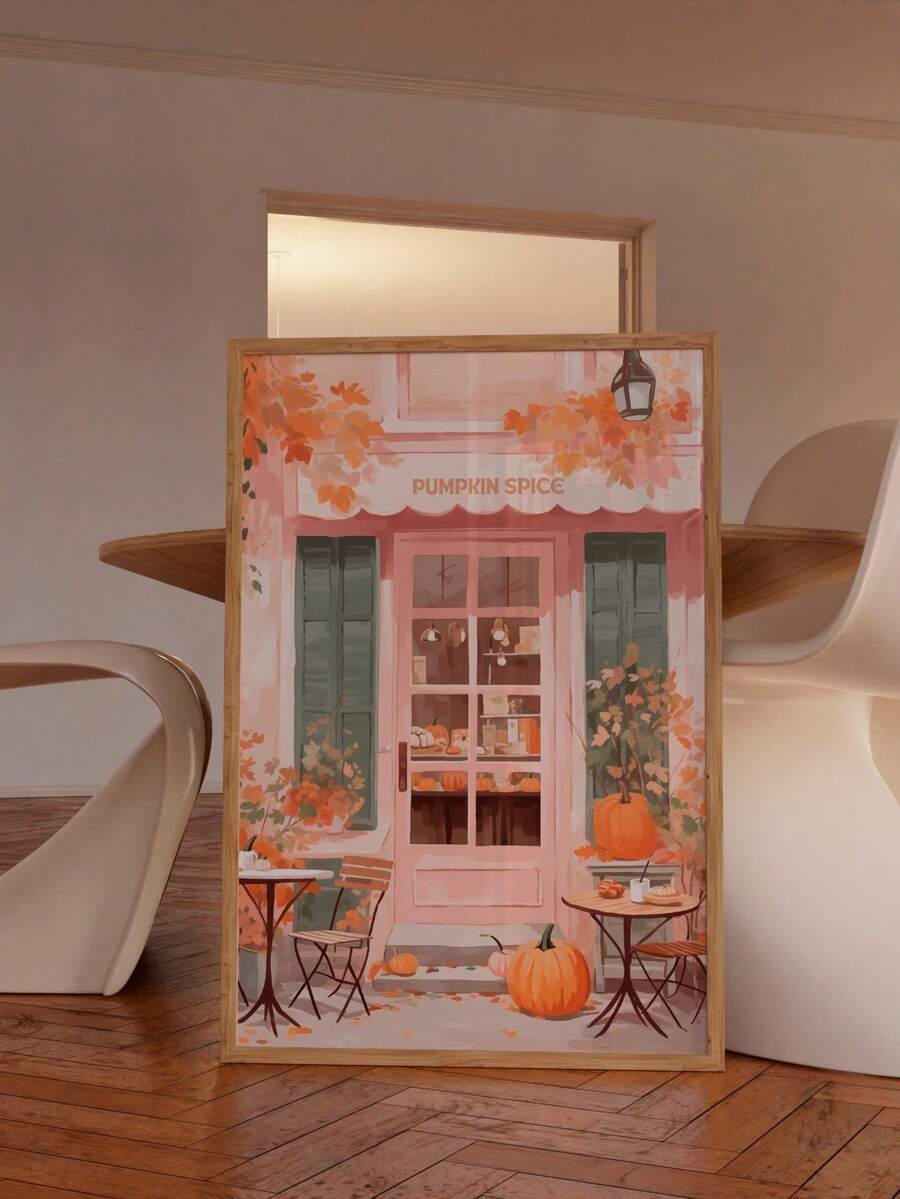Pumpkin spice cafe storefront print in wooden frame standing on parquet floor in warm room