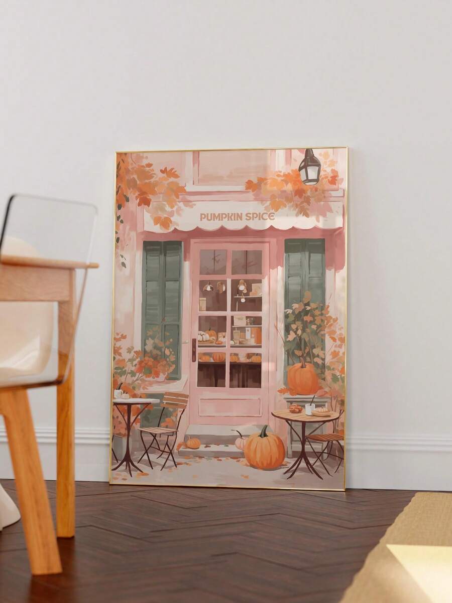 Pumpkin spice cafe autumn print leaning against white wall near chair and wooden floor