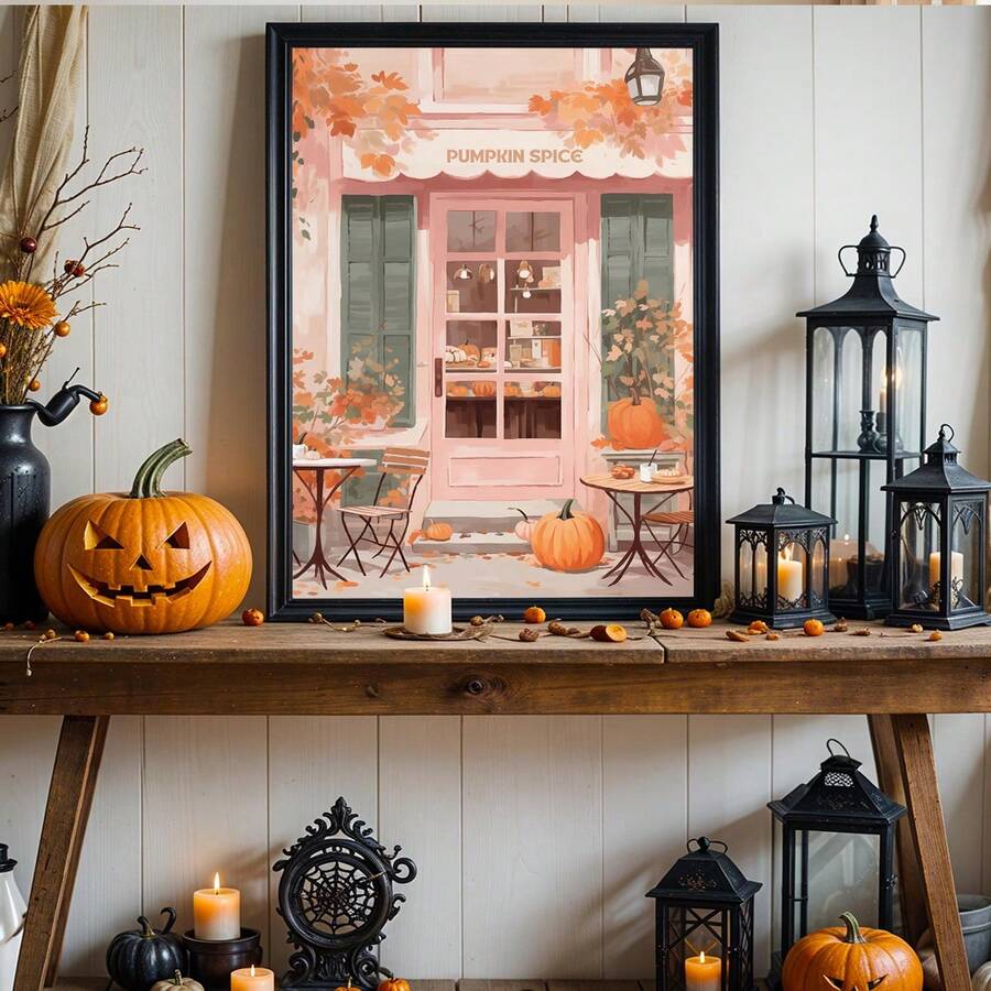 Black framed pumpkin spice cafe print on Halloween mantel with carved pumpkin candles lanterns and fall decor