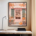 Black framed pumpkin spice cafe print hanging above desk with lamp tray and beige curtains