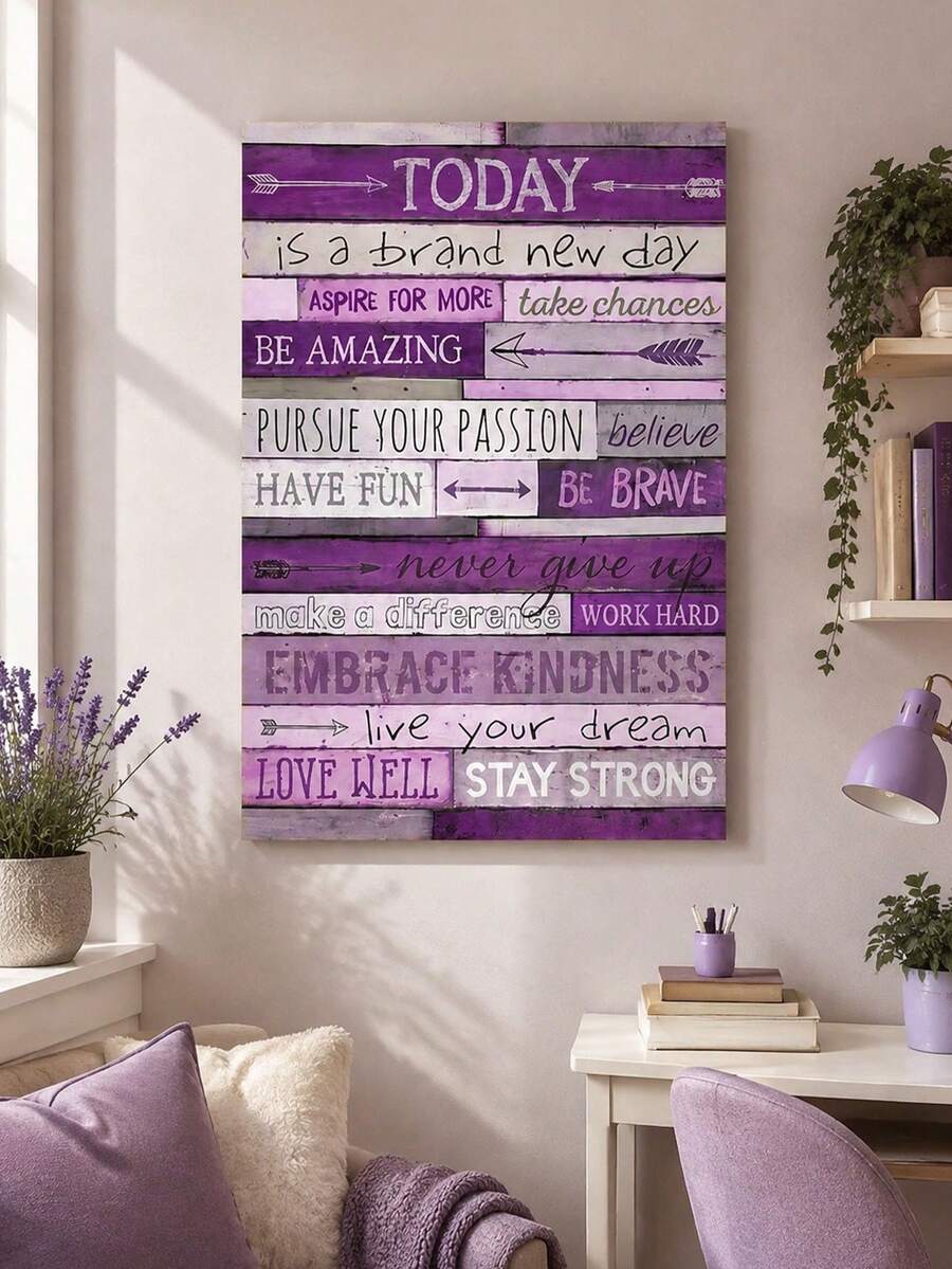 Purple positive affirmation wall art above a white desk in a home office