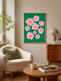 Colorful retro flower canvas displayed in warm neutral reading room