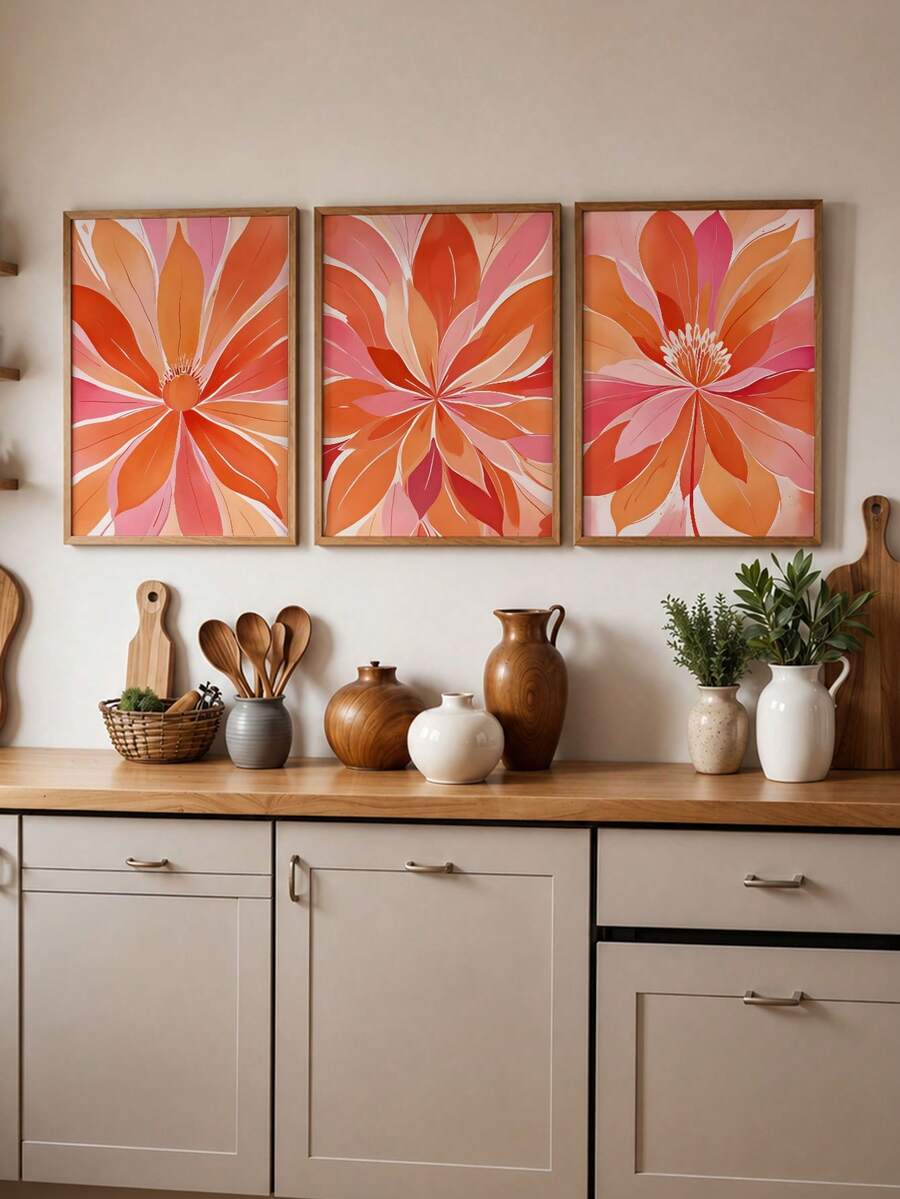 3 Piece Set Terracotta Pink Abstract Floral Bohemian Canvas Poster 
