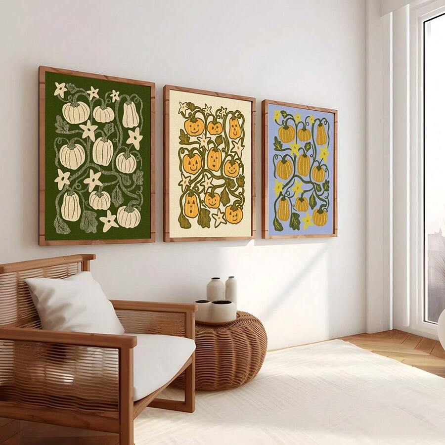 Halloween farmhouse wall art above rattan chair