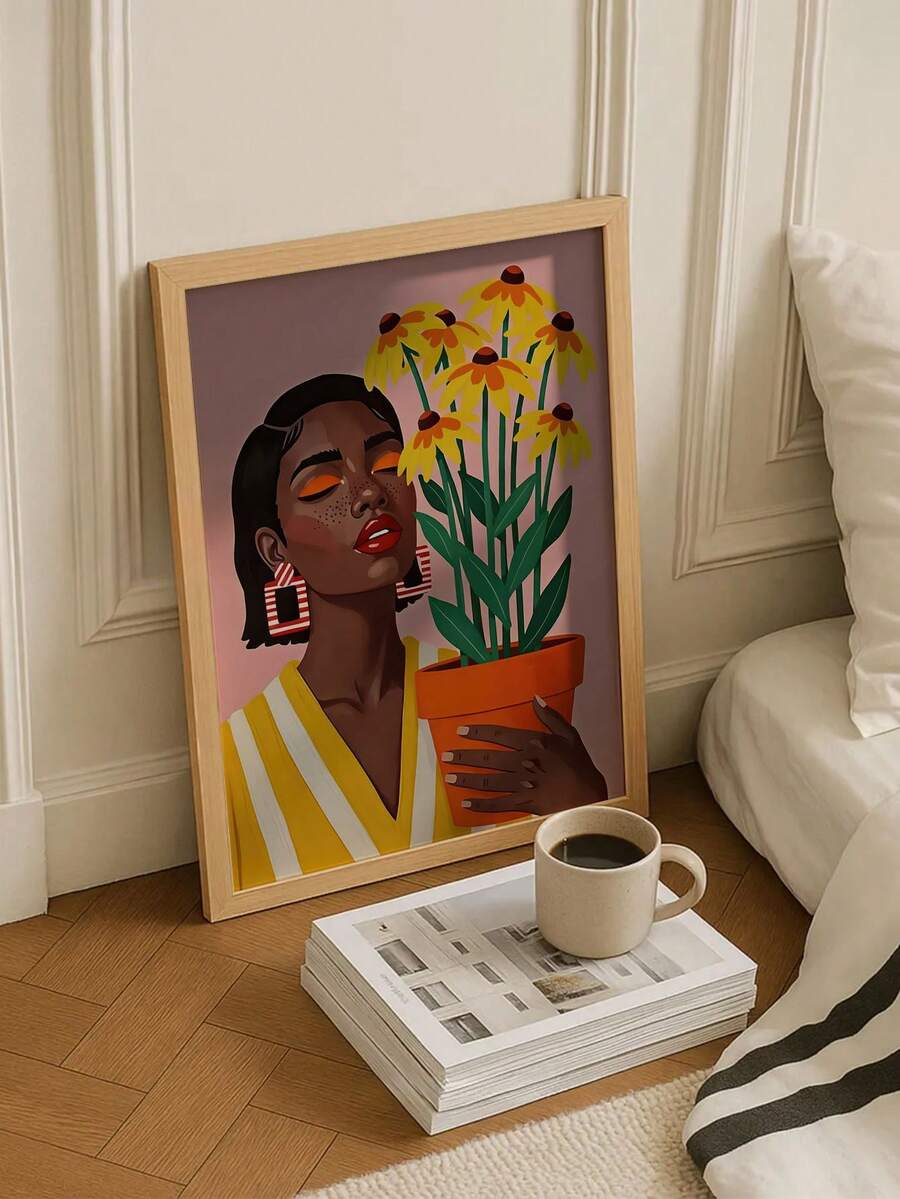 Botanical woman portrait with yellow flowers leaning beside a cream armchair