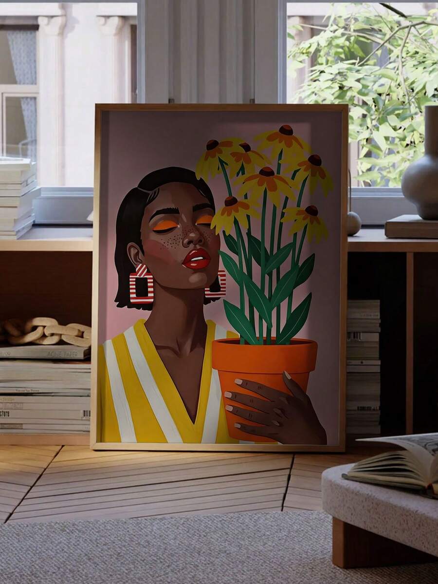 Vibrant botanical woman wall art framed near living room shelves and books