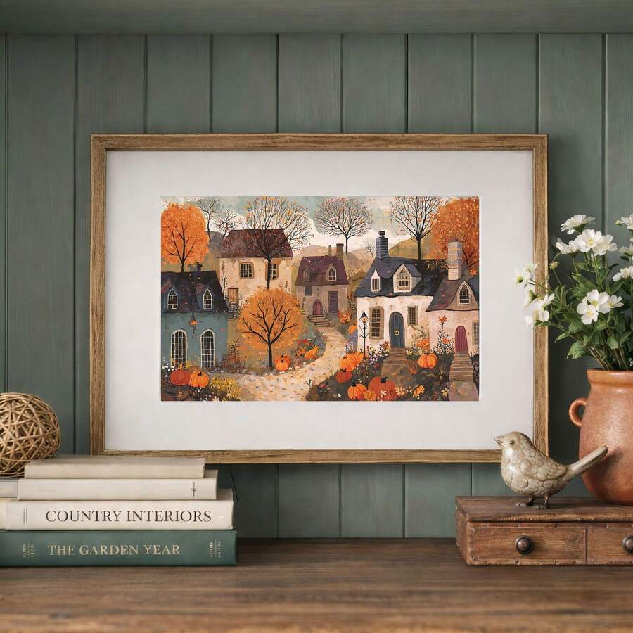 Rustic framed pumpkin village artwork styled above a mantel