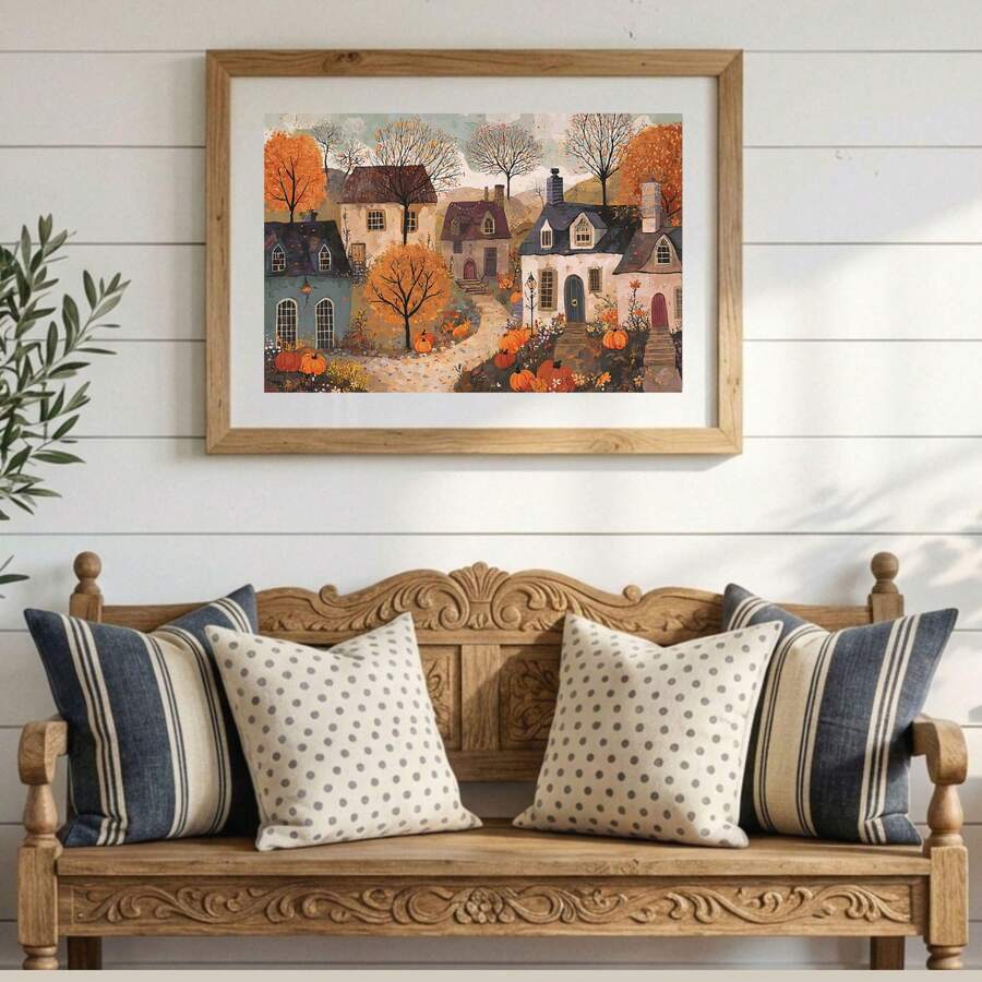 Cozy autumn cottage landscape poster in a farmhouse interior