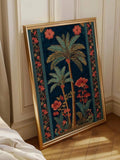 Vertical navy botanical palm tree artwork in gold-tone frame leaning in bright bedroom corner