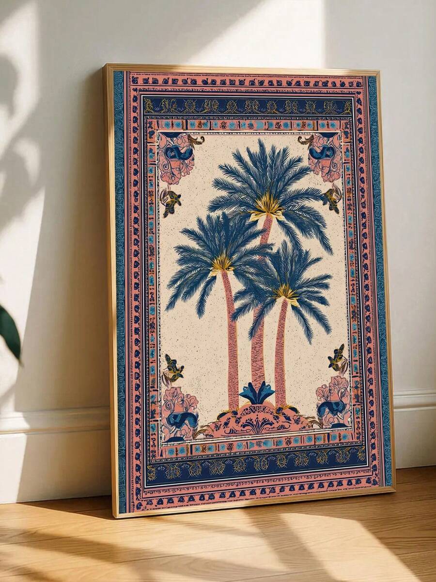 Three blue palm trees on cream poster with pink teal navy patterned border in light wood frame