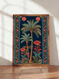 Navy palm tree and coral flower botanical wall art in carved bronze-tone frame on terracotta floor