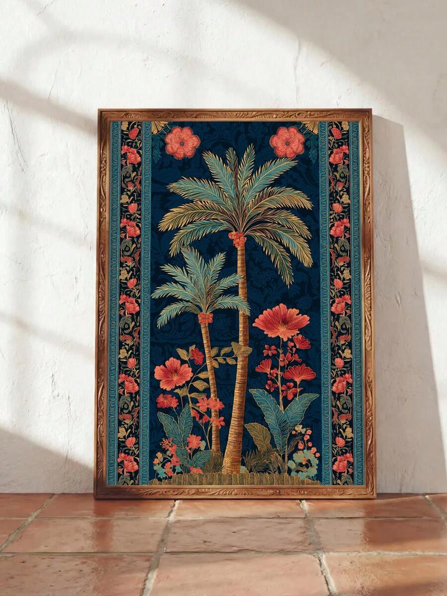 Navy palm tree and coral flower botanical wall art in carved bronze-tone frame on terracotta floor