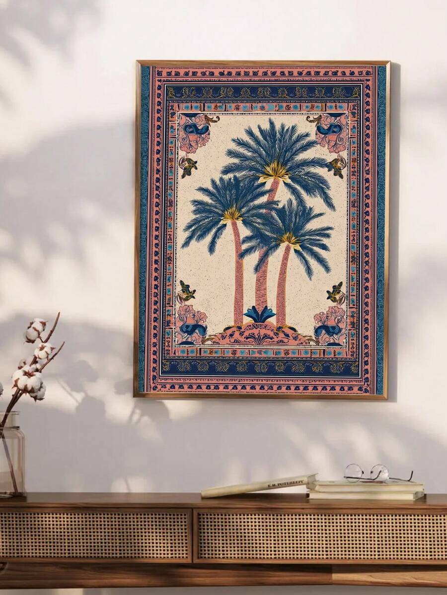 Wall-mounted cream palm tree poster with blue fronds and pink ornamental border above wood console