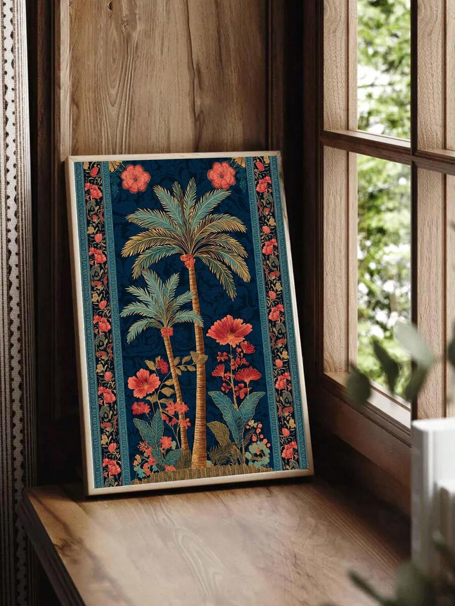 Dark tropical botanical poster with two palm trees and red flowers in wooden window nook