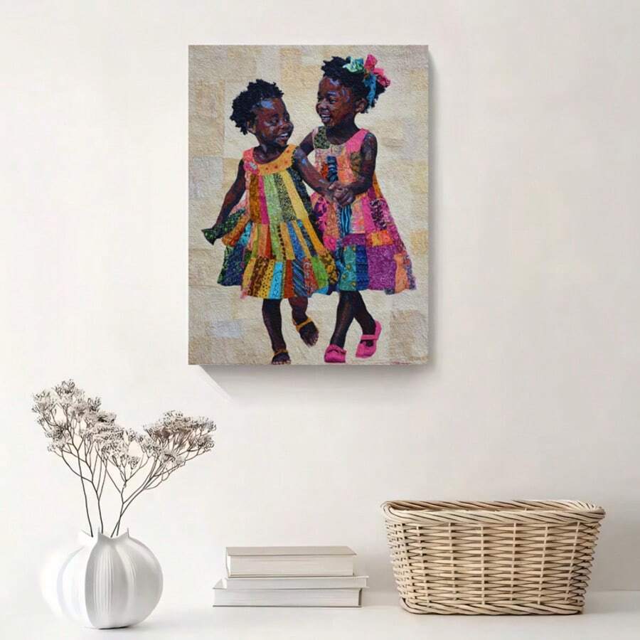 Black girl sisterhood wall art displayed above books and woven basket