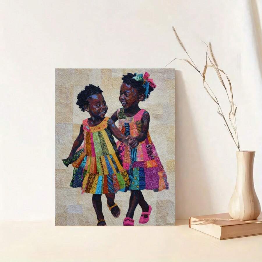 Vibrant children portrait canvas leaning on a console beside dried flowers
