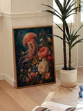 Close-up of octopus and seaside landscape details in surrealist wall art