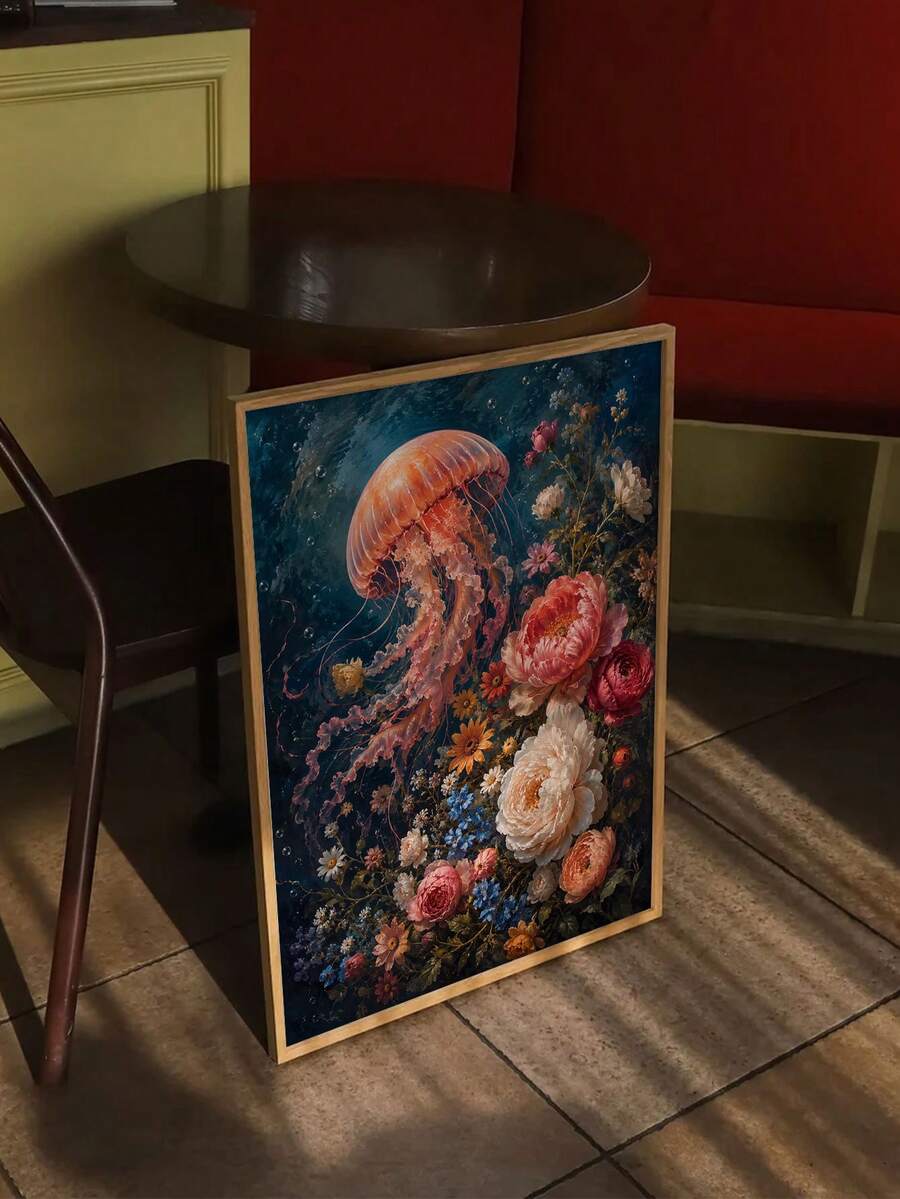 Coastal beach hut wall art with surreal octopus imagery on canvas