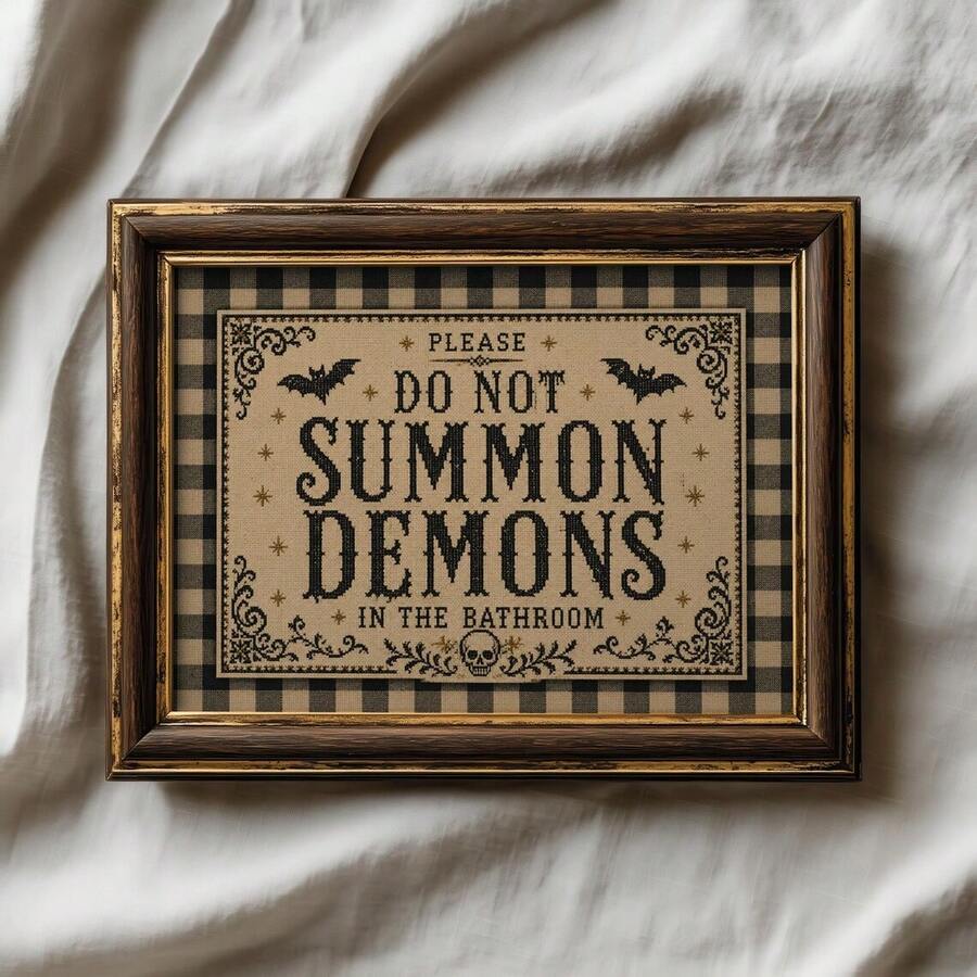 Playful demon warning canvas decor for a guest bathroom