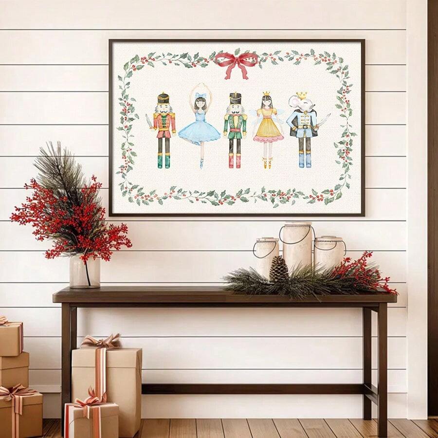 Nutcracker holiday canvas art above console with greenery