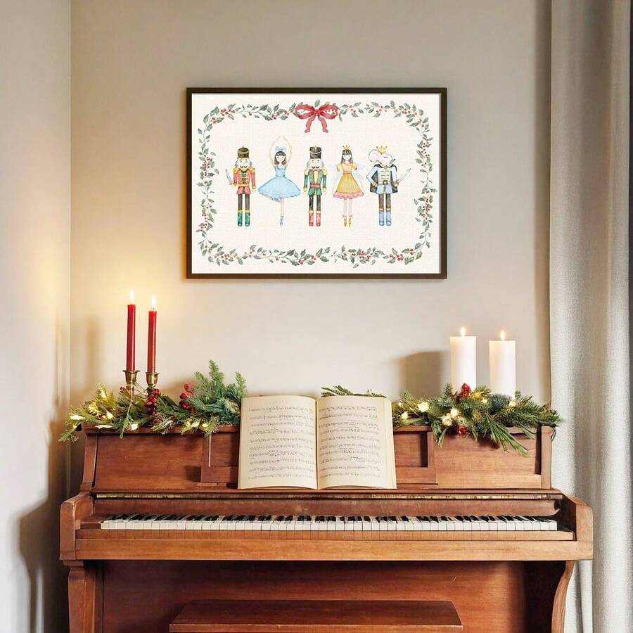 Nutcracker ballet wall art above piano with candles