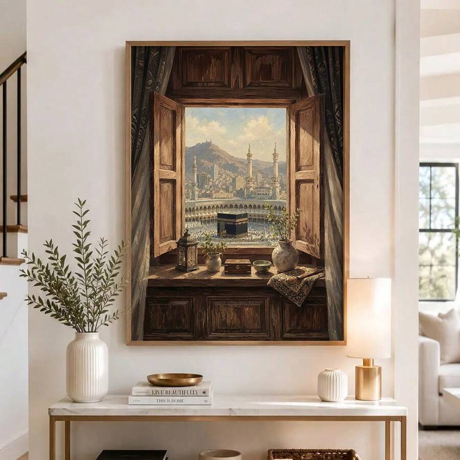 Mosque window view shown as hanging canvas scroll