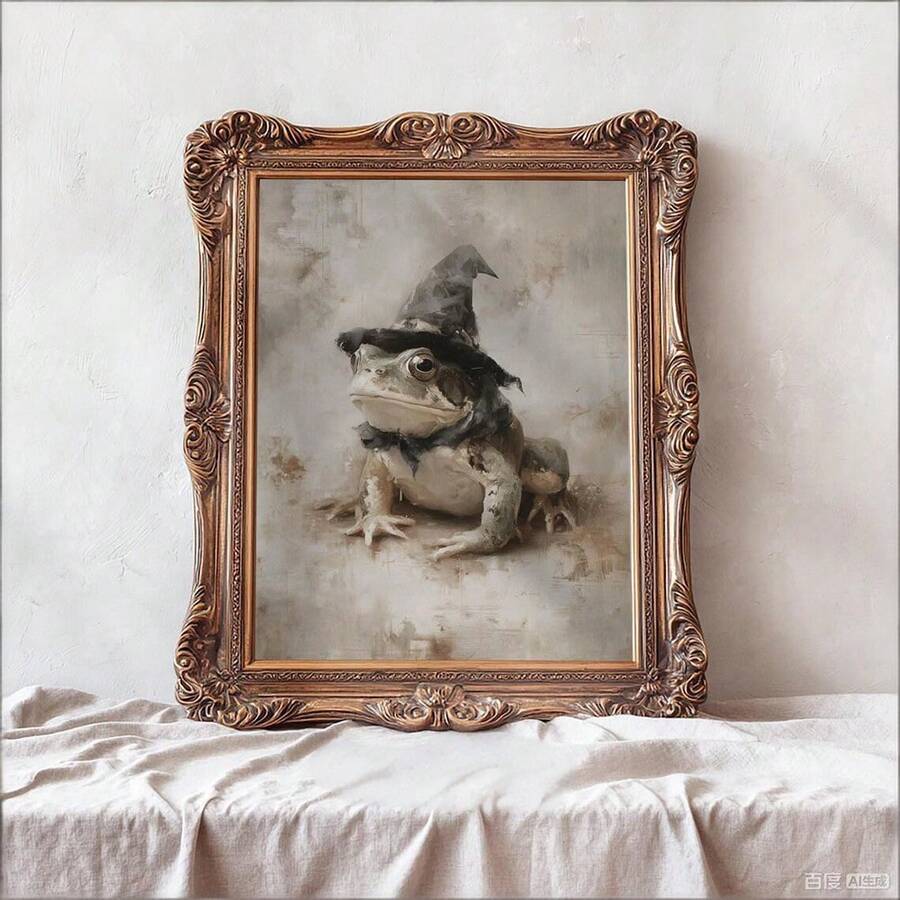 Frog witch canvas in light wood frame beside books plant and table lamp