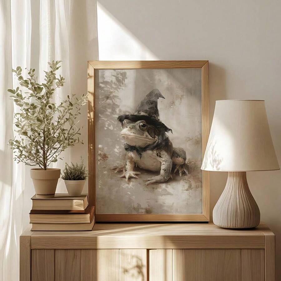 Frog witch canvas in light wood frame beside books plant and table lamp