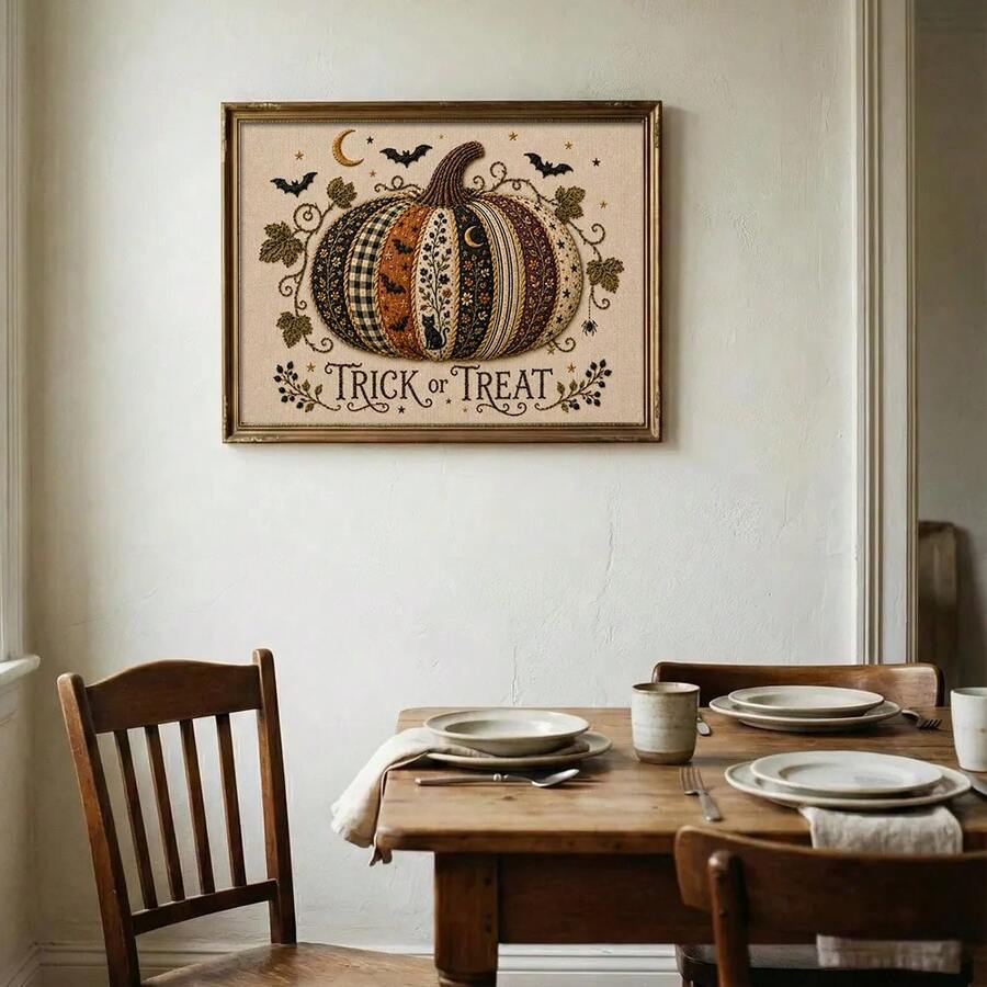 Vintage Halloween pumpkin wall art in dining room