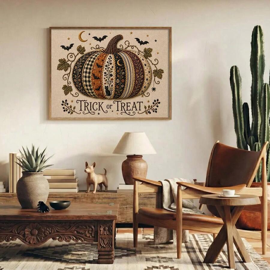Light wood framed Trick or Treat poster in rustic living room