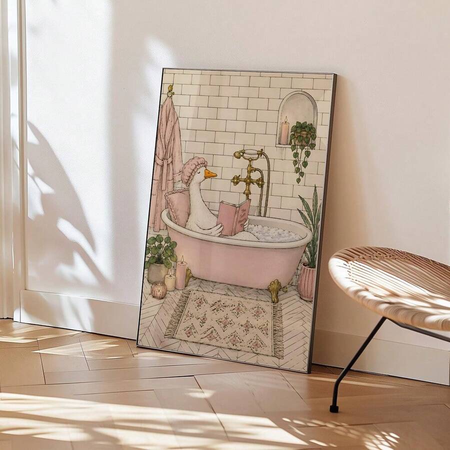 Funny goose poster with goose reading in pink bathtub