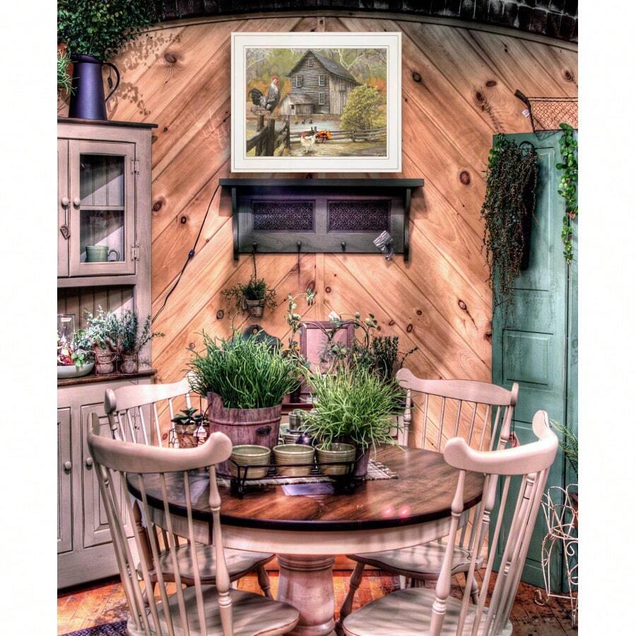 Framed rustic farm print with rooster on fence hen near pond old wooden mill ducks split rail fence and autumn trees