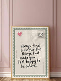 Inspirational quote wall art in a gold frame above a cozy sofa