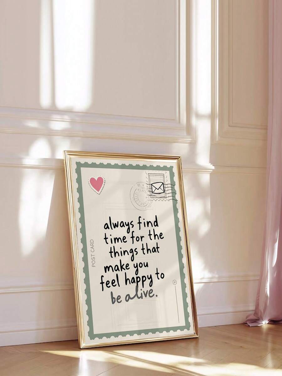 Vintage postcard typography canvas displayed in a paneled living room