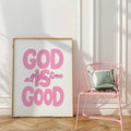 Oversized framed pink faith poster beside a minimalist seating area