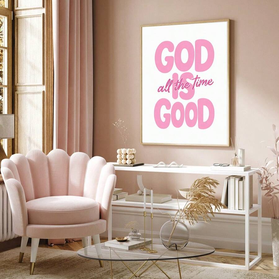 Framed pink Christian typography wall art in modern living room setting