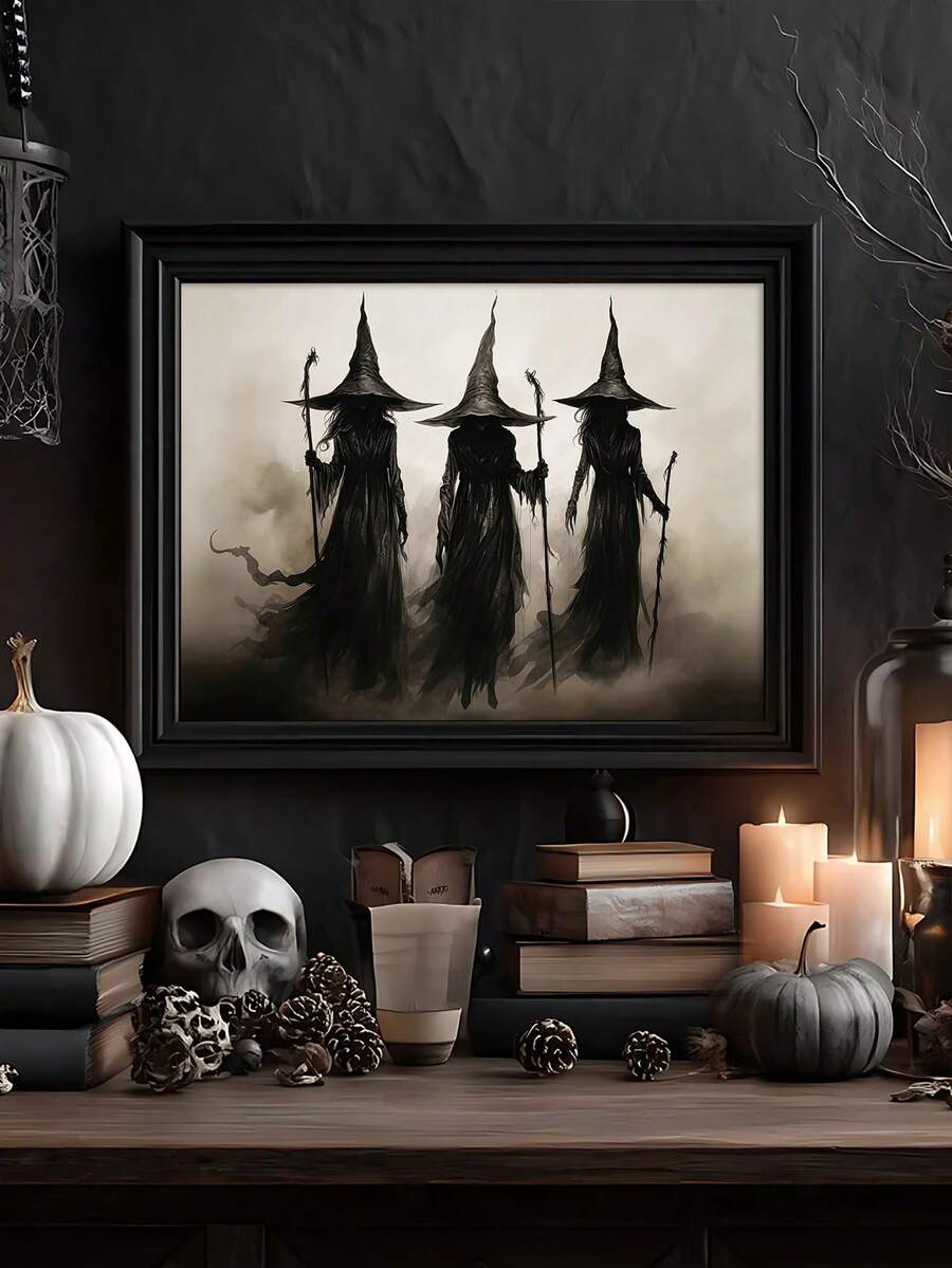 Monochrome three-witches canvas art with robed figures