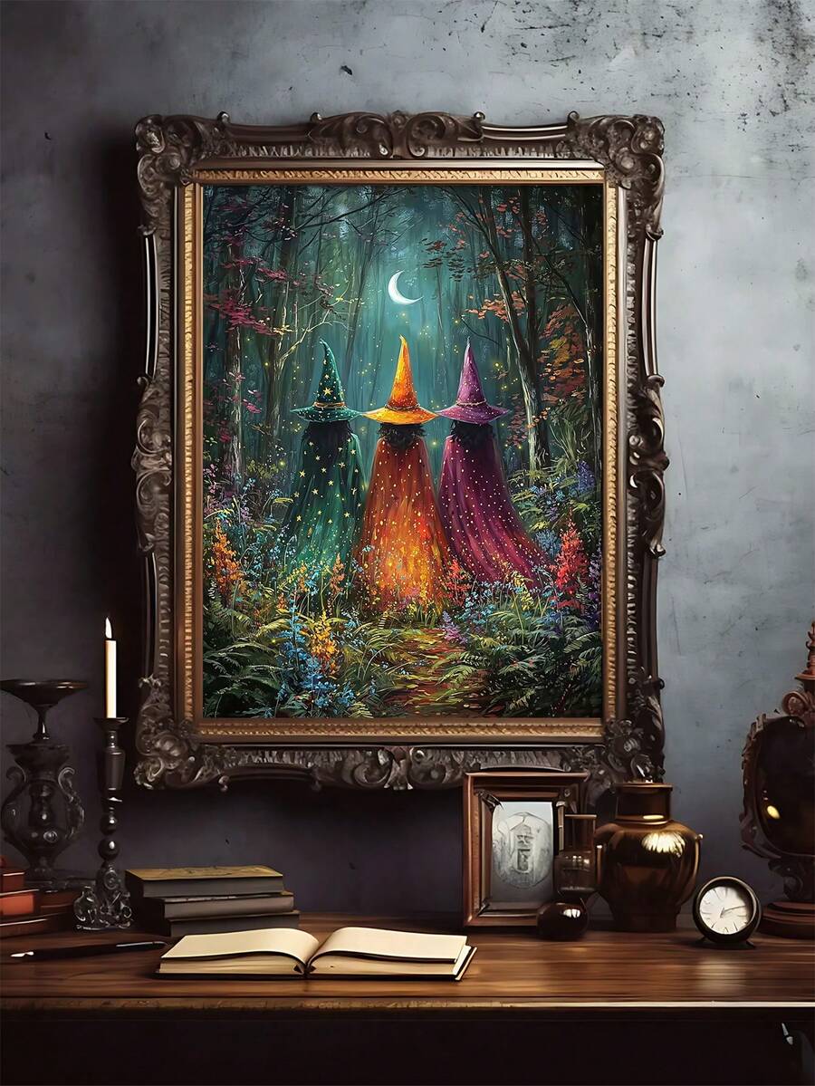 Framed dark academia witch forest art in a vintage study