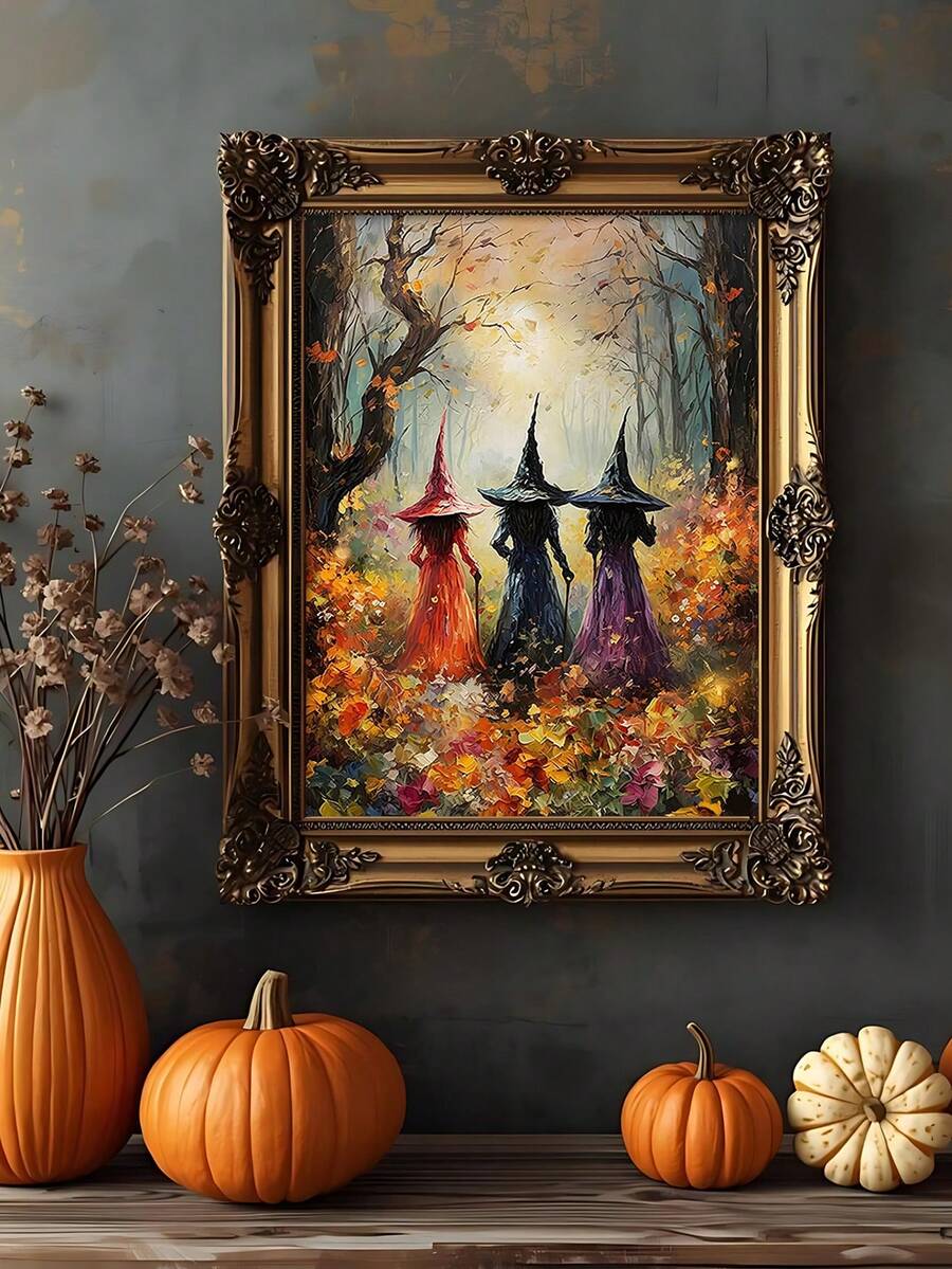 Gold framed gothic witches artwork styled with pumpkins