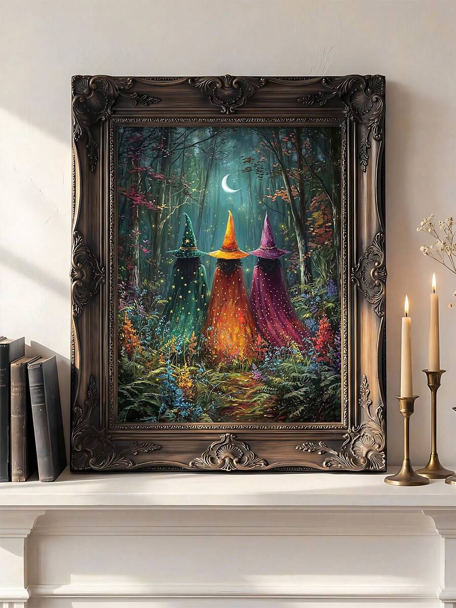 Three witches in a moonlit teal forest with glowing flowers