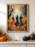 Three witches walking through an orange autumn woodland