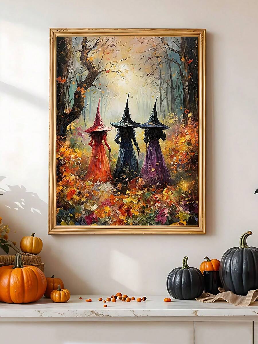 Three witches walking through an orange autumn woodland