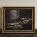 Close view of mushroom forest artwork in an ornate bronze-tone frame